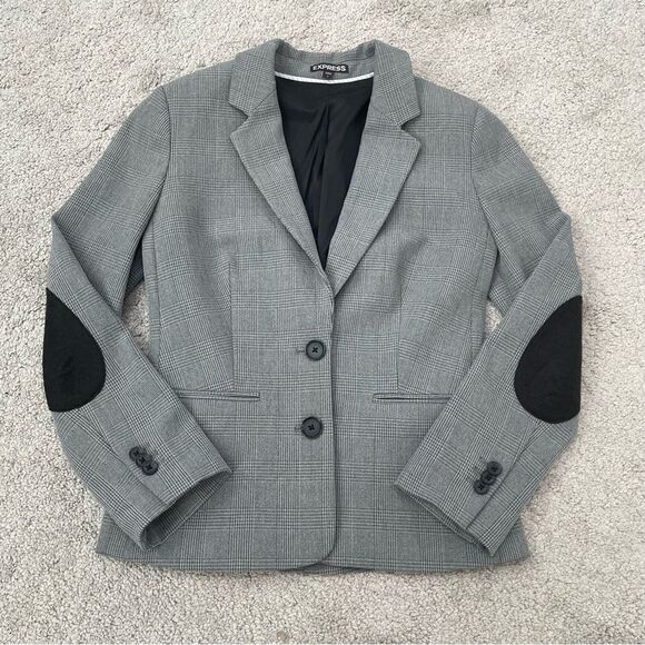 Express Gray Plaid Blazer Jacket with Elbow Pads Size 2 - Picture 2 of 11